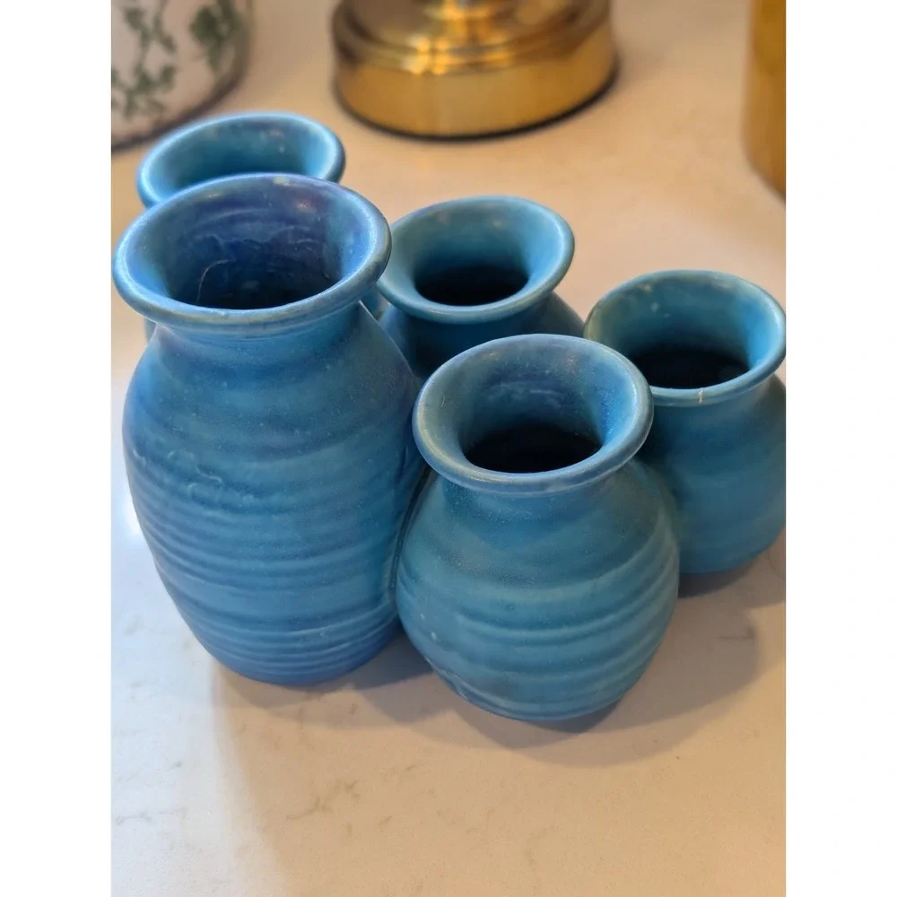 Foxlo Pottery Blue 5-Neck Fused Bud Vase - Studio Stoneware (Repaired)